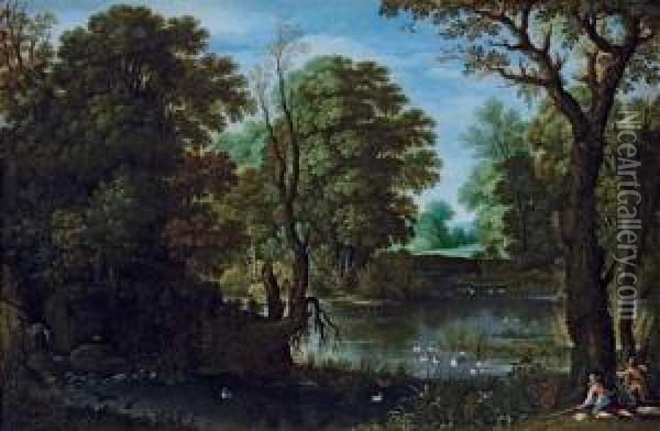 A Wooded Landscape With Hunters Shooting Duck Oil Painting - Marten Ryckaert