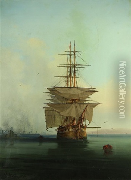 Ship In The Bay Harbor Oil Painting - Gideon Jacques Denny