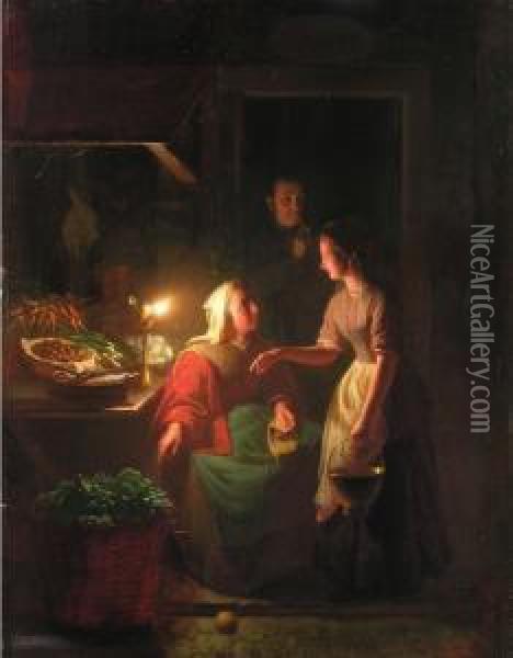 Kucheninterieur Bei Ollampenschein Oil Painting - Johannes Rosierse