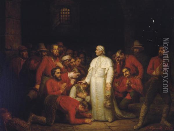 Pope Pius Ix Visiting The Troops Of Garibaldi Oil Painting - Francois Gabriel G. Lepaulle
