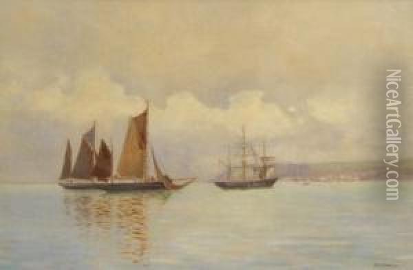 Fishing Boats And A Threemasted Schooner Off Newlyn Oil Painting - Henry Martin