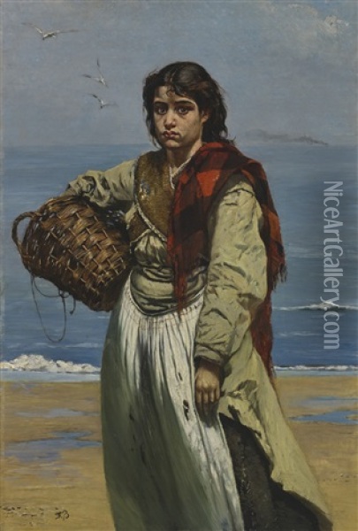 Junges Madchen Mit Korb Am Meeresstrand Oil Painting - Frank Buchser