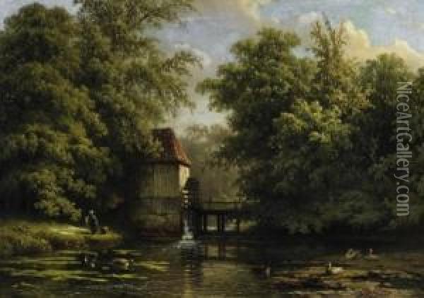 Millpond In The Forest. On The Banks A Woman Bleaching The Laundry. Oil Painting - Georg Andries Roth