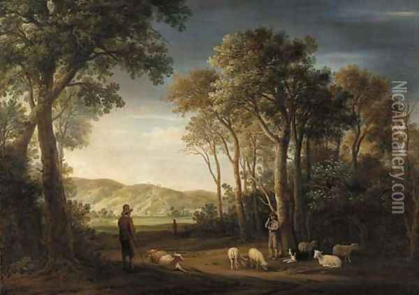 A wooded landscape with shepherds with their flocks in a clearing Oil Painting - Jacob Van Der Croos