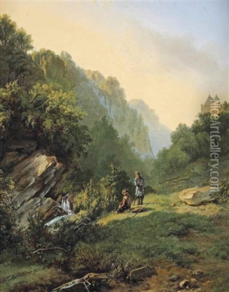 Two Figures Resting In A Mountainous Landscape Near A Stream Oil Painting - Andreas Schelfhout