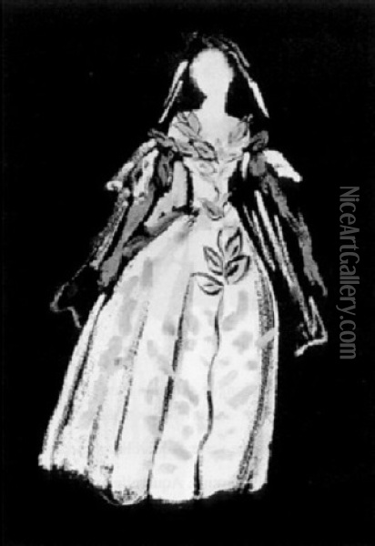 Costume De Theatre. Femme En Robe Longue Et Voile Sur Fond Noir Oil Painting - Christian Berard