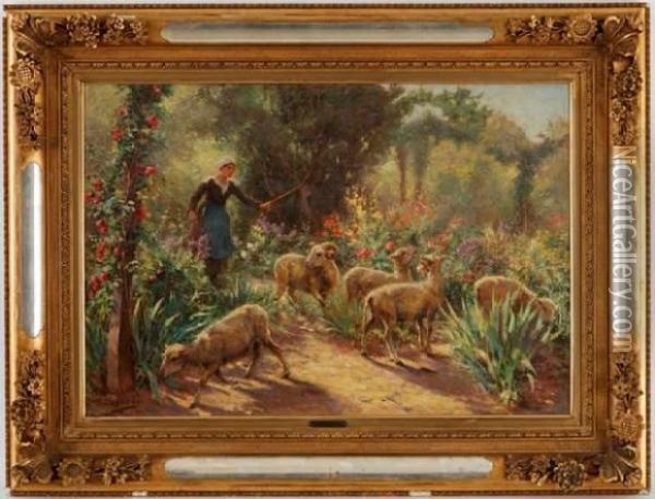 Bergere Et Ses Moutons Oil Painting - Theophile Louis Deyrolle