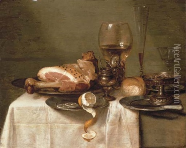 A Ham On A Pewter Plate, A Partly-peeled Lemon, A Roemer, A Glass Flute, A Wine Glass, A Bowl Of Olives, A Silver-gilt Tazza, A Bread Roll, A Knife On A Pewter Plate And A Mustard Pot On A Table Oil Painting - Willem Claesz Heda