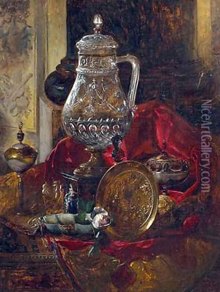 A still life with a crystal tankard and other precious objects arranged on a draped cloth Oil Painting - Blaise Alexandre Desgoffe