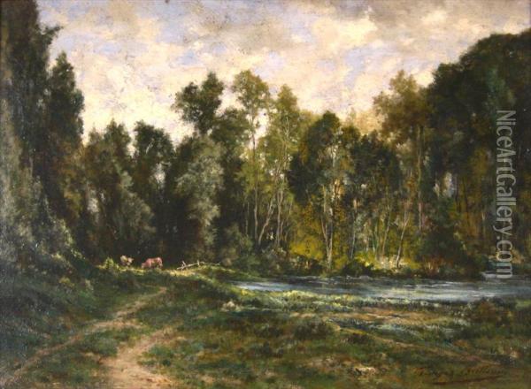 Wooded Landscape With Cows Oil Painting - Louis Georges Brillouin