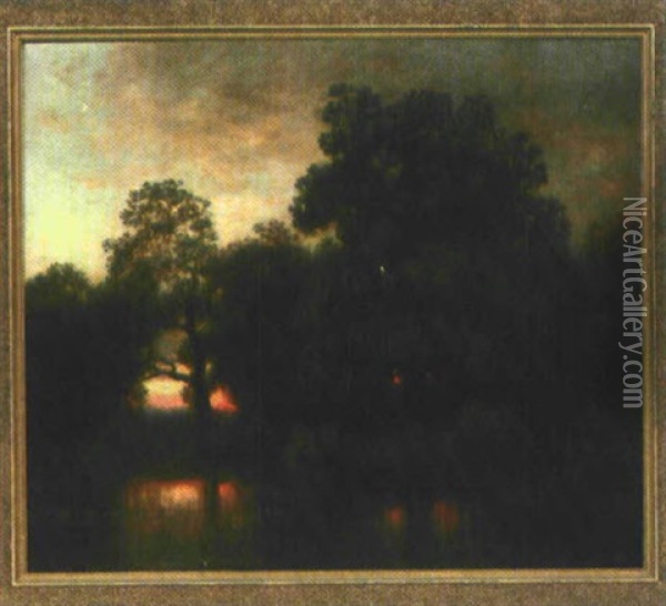 Romantische Flusslandschaft Bei Dammerung Oil Painting - Heinrich Vosberg
