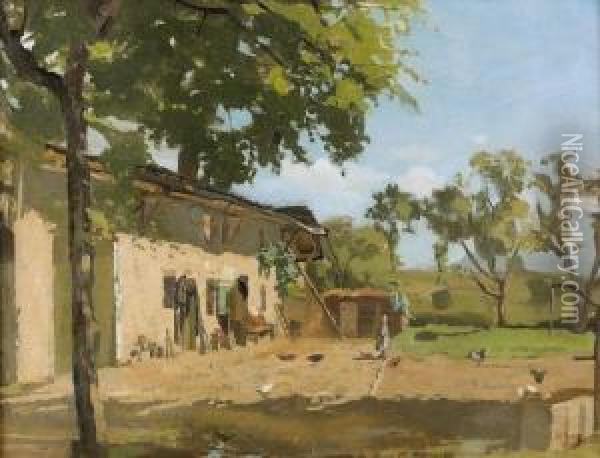 Nachmittagsstimmung Auf Dem Bauernhof. Oil Painting - Jean Daniel Ihly