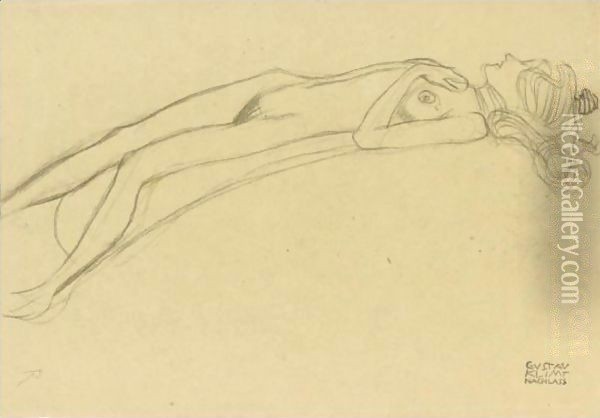 Lying Girl Nude On Her Back, The Right Hand Above Her Head Oil Painting - Gustav Klimt