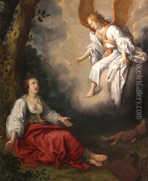 An Angel Saving Hagar And Ishmael Oil Painting - Adriaen van Nieulandt the Elder