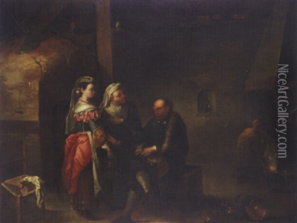 An Interior With A Procuress Presenting A Young Lady To An Old Man, A Boor Warming Himself Beside A Fire Oil Painting - Matheus van Helmont