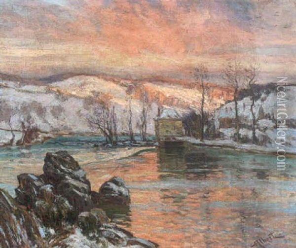 Cabin By A River In Winter Oil Painting - Ernest Albert