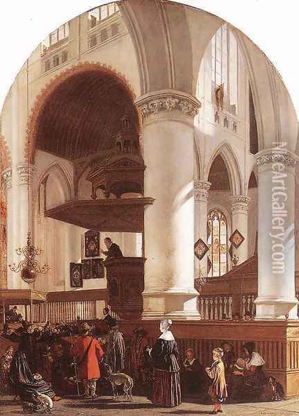 Interior of the Oude Kerk at Delft during a Sermon 1651 Oil Painting - Emanuel de Witte