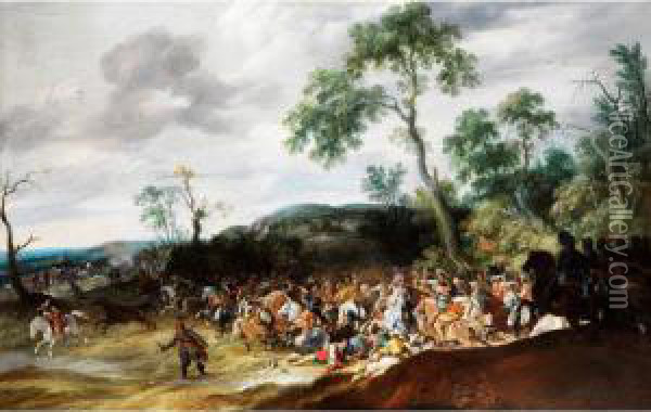 Grosse Schlachtenszene In Hugeliger Landschaft Mit
Eichenbaumen Oil Painting - Paulus Van Hillegaert