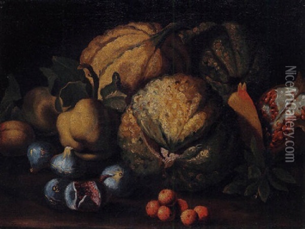 Figs, Melons, Pomegranates And Other Fruit On A Ledge Oil Painting - Michelangelo di Campidoglio