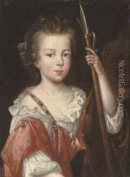 Portrait Of A Young Girl, Half-length, In Masquerade Dress, Holding A Spear Oil Painting - Mary Beale