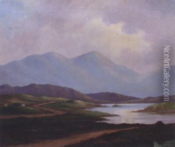 Extensive Western Lake And Mountain Landscape Oil Painting - Douglas Alexander