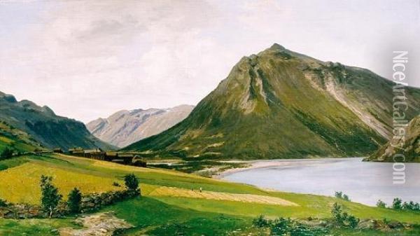 Elvelandskap Med Gard 1883 Oil Painting - Carl Nielsen