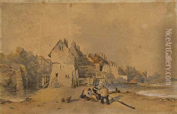 Shore Scene With Buildings And Figures Oil Painting - Samuel Prout