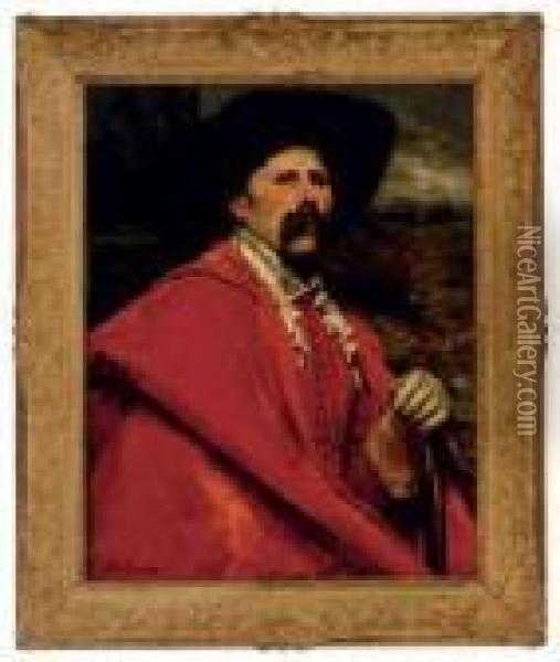 Portrait Of A Gentleman Wearing A Red Cloak Oil Painting - Ferdinand Victor Leon Roybet
