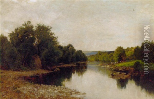 Cattle Watering In A Tranquil River Landscape Oil Painting - John Clayton Adams