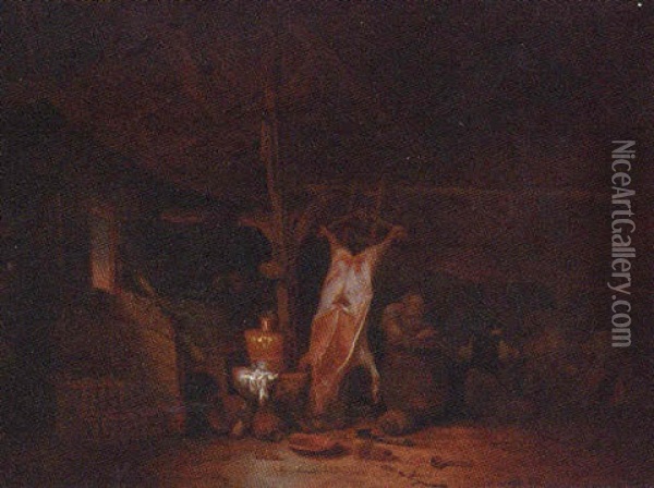 The Interior Of A Barn, With A Slaughtered Pig, A Maid And Two Fighting Peasants Oil Painting - Hendrik Hendricksz Bogaert