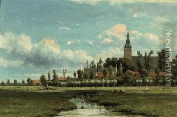 Dutch Polder Landscape With A Village Beyond Oil Painting - Jacob Jan van der Maaten