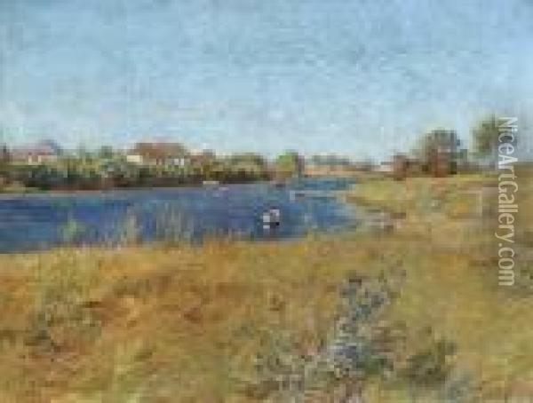 A Summer River Landscape Oil Painting - Olaf Viggo Peter Langer