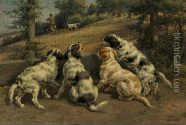 Waiting Their Turn -- Four Pups Oil Painting - Edmund Henry Osthaus