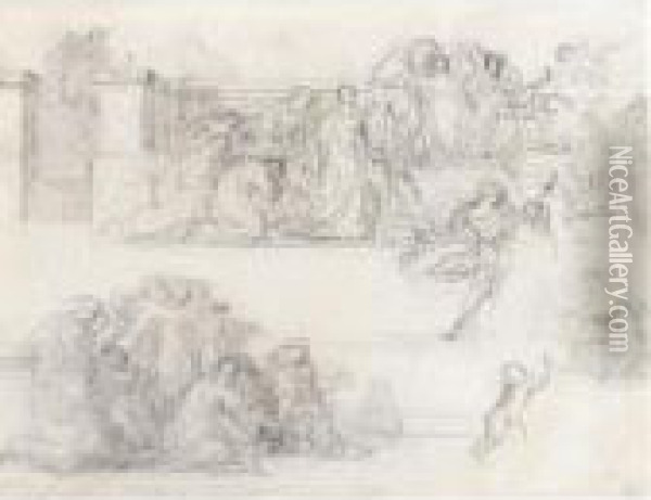 Compositional Study With Figures On A Terrace Verso Oil Painting - Pierre Andrieu