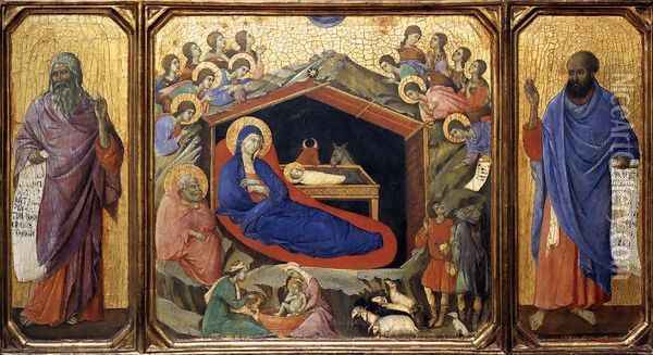 Nativity between Prophets Isaiah and Ezekiel 1308-11 Oil Painting - Duccio Di Buoninsegna