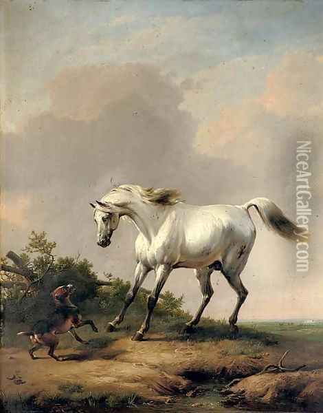 A white horse startled by a dog Oil Painting - Eugene Verboeckhoven