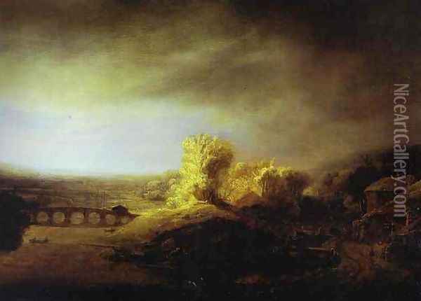 Landscape with a Long Arched Bridge Oil Painting - Rembrandt Van Rijn