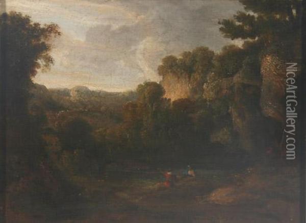 On The Devon, Bergige Bewaldete Flusslandschaft Mit Rastenden Oil Painting - John, Rev. Thomson Of Duddingston