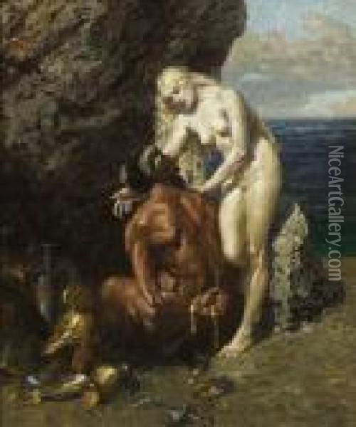 Faun Und Nymphe In Einer Felsengrotte Oil Painting - Alexander Rothaug