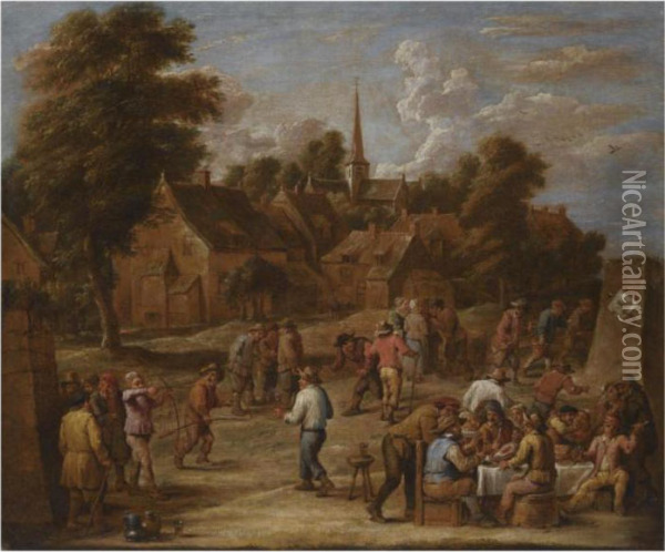 A Village Kermesse With Peasants
 Making Merry And Shooting With Bow And Arrow, A View Of A Church In The
 Background Oil Painting - David The Younger Teniers
