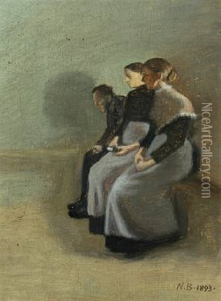 Two Women And A Man On A Bench Oil Painting - Niels Bjerre