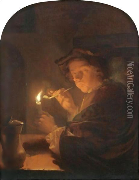 A Nocturnal Interior With A Toper Oil Painting - Godfried Schalcken
