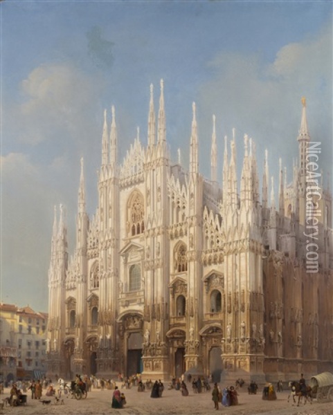 Veduta Della Facciata Del Duomo Di Milano All'angolo Del Rebecchino Oil Painting - Luigi Bisi