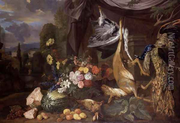 Still-Life with Flowers and Fowl Oil Painting - Pieter Andreas Rysbrack
