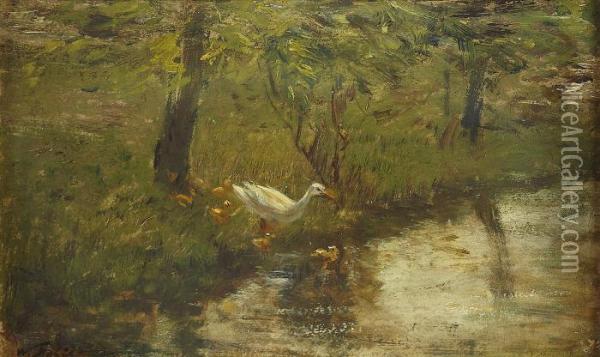 Ducks And Ducklings On A Riverbank Oil Painting - Willem Maris