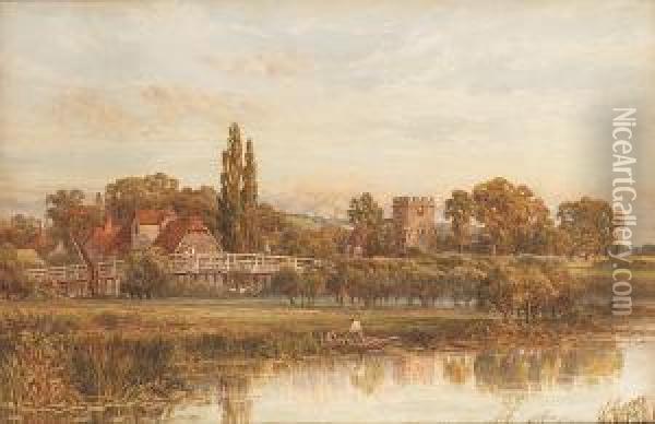 The Thames At Goring Church And Mill, Oxfordshire Oil Painting - Thomas Hill