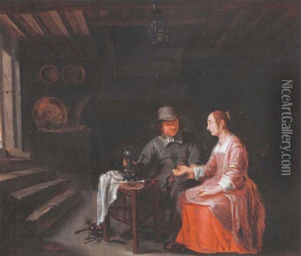 A Couple Drinking And Smoking In An Interior Oil Painting - Willem van Herp the Elder