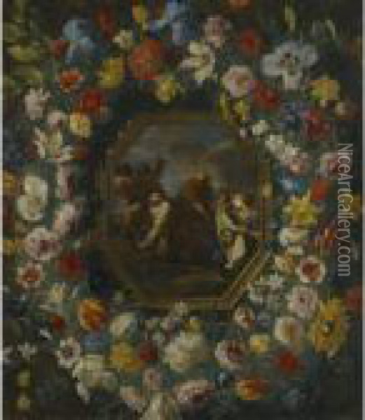 A Garland Of Flowers Surrounding An Octagonal Painting Of Christ Onthe Road To Calvary Oil Painting - Giovanni Stanchi