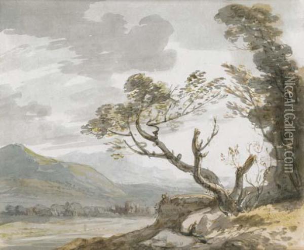 View Down A Valley Towards Distant Buildings, Trees In The Foreground Oil Painting - Paul Sandby