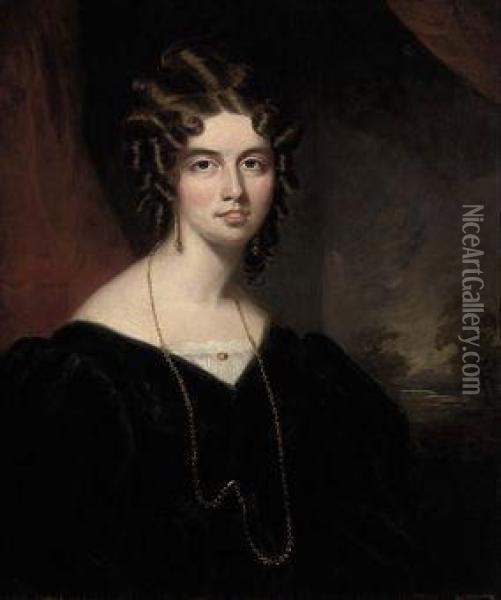 Portrait Of Amelia Frances Pellat, Seated Half-length, In A Black
Dress And Gold Chain, A Landscape Beyond Oil Painting - Sir John Watson Gordon